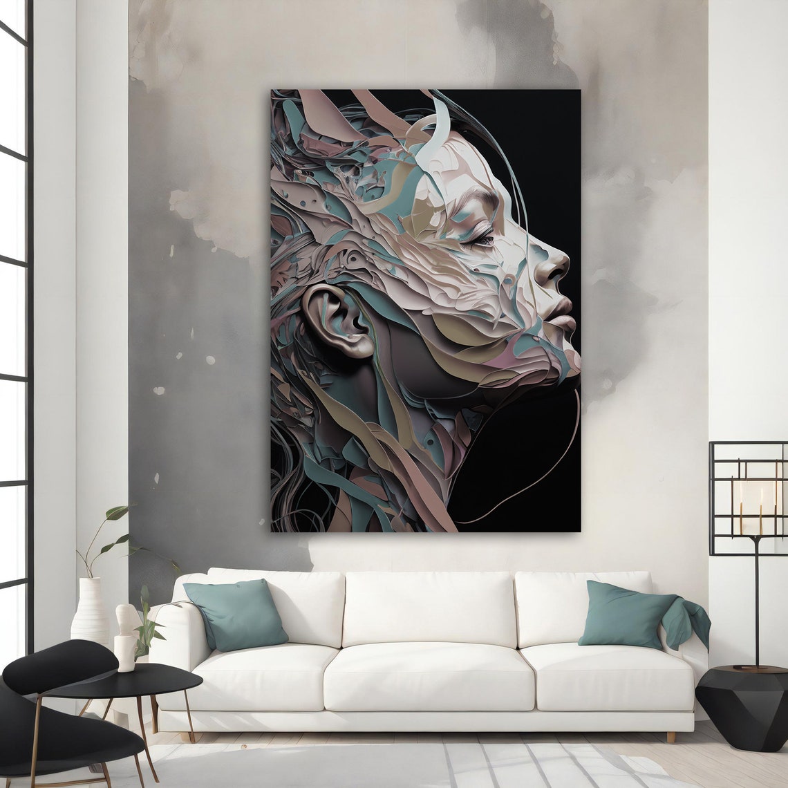 Grey Surreal Layered Fragment Woman Profile Modern Abstract Art Poster - Image 2