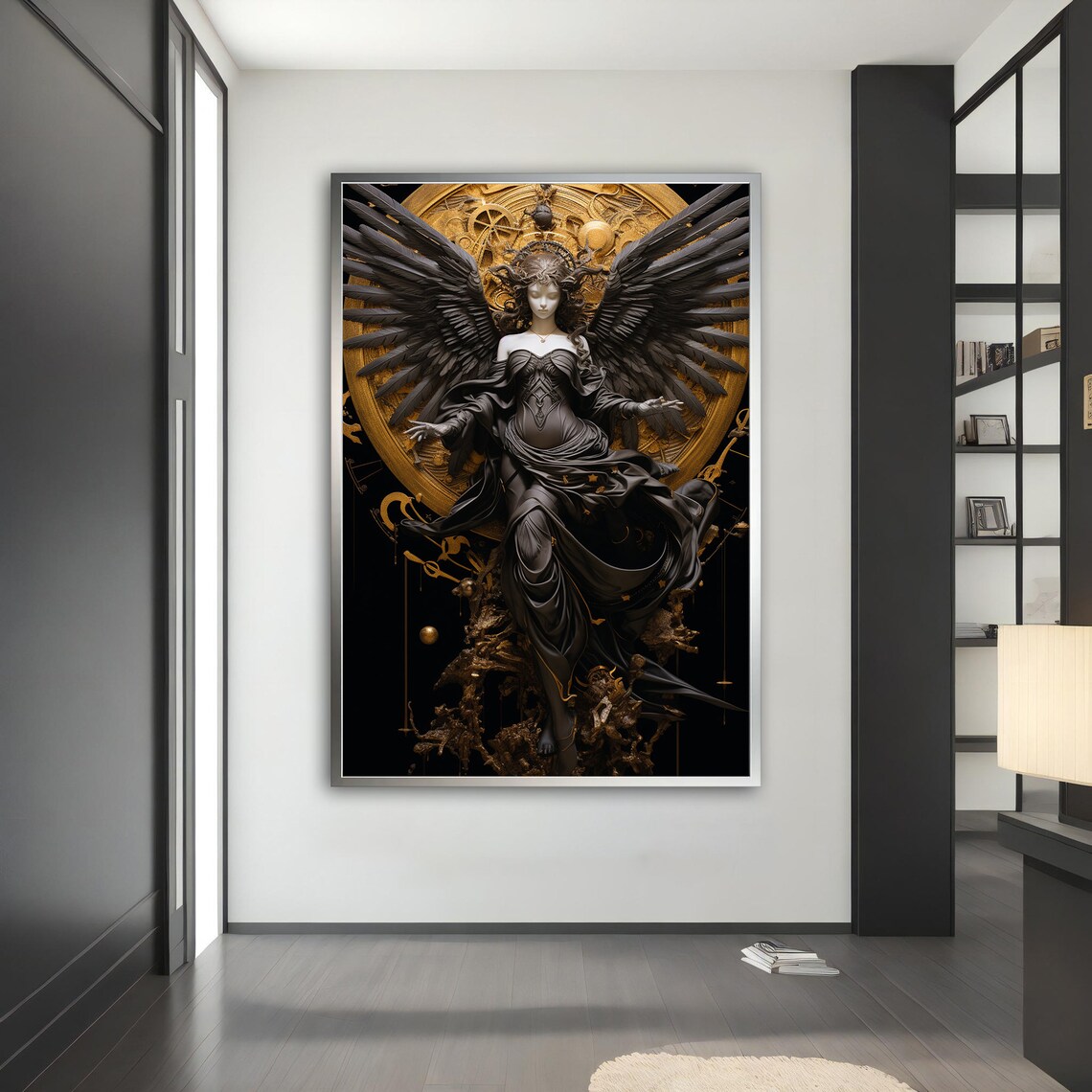 Black Angel with Golden Halo Wings Gothic Fantasy Art Poster - Image 5