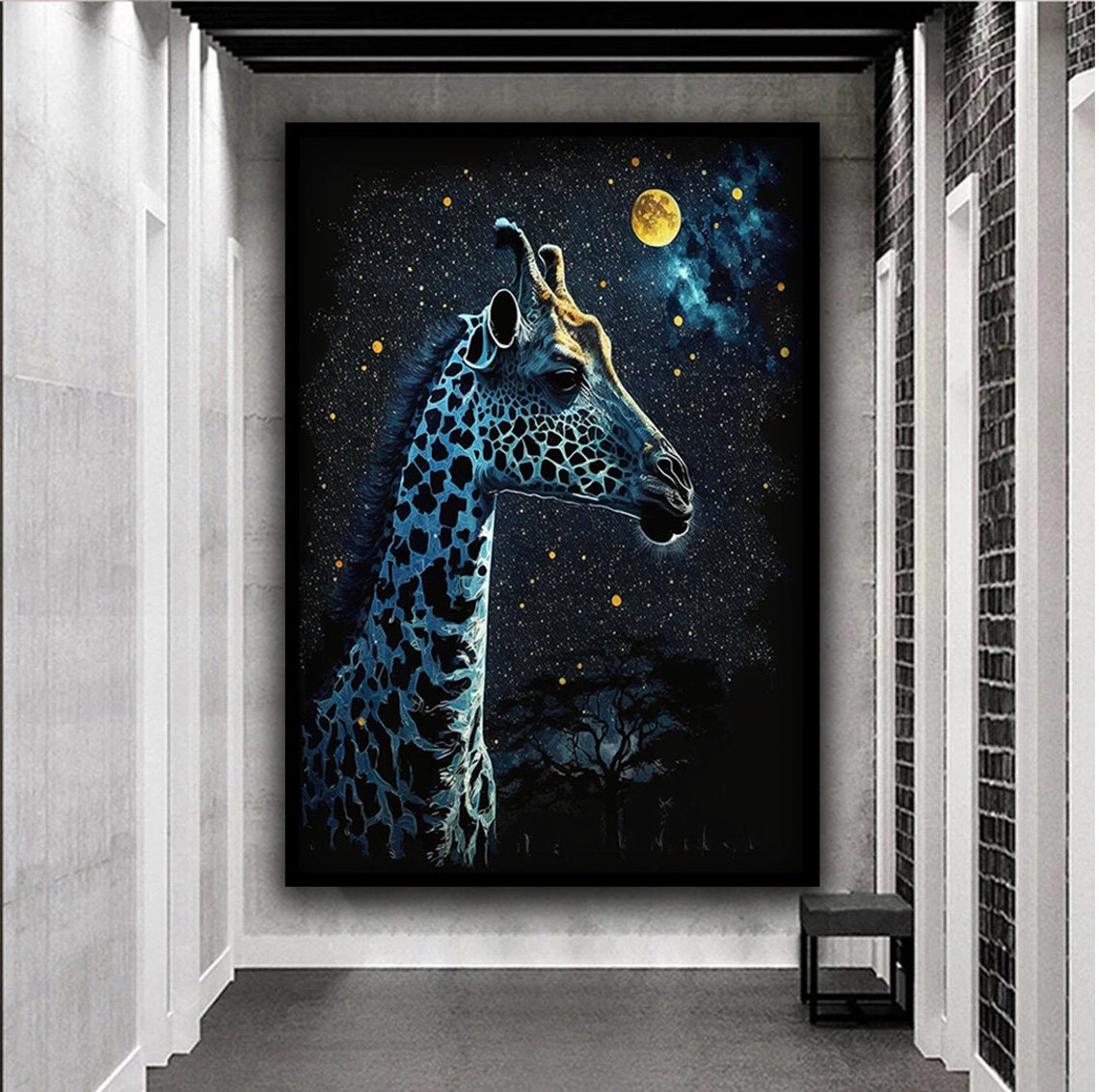 Glowing Giraffe Under Starry Night Sky Full Moon Dreamy Wall Poster - Image 3