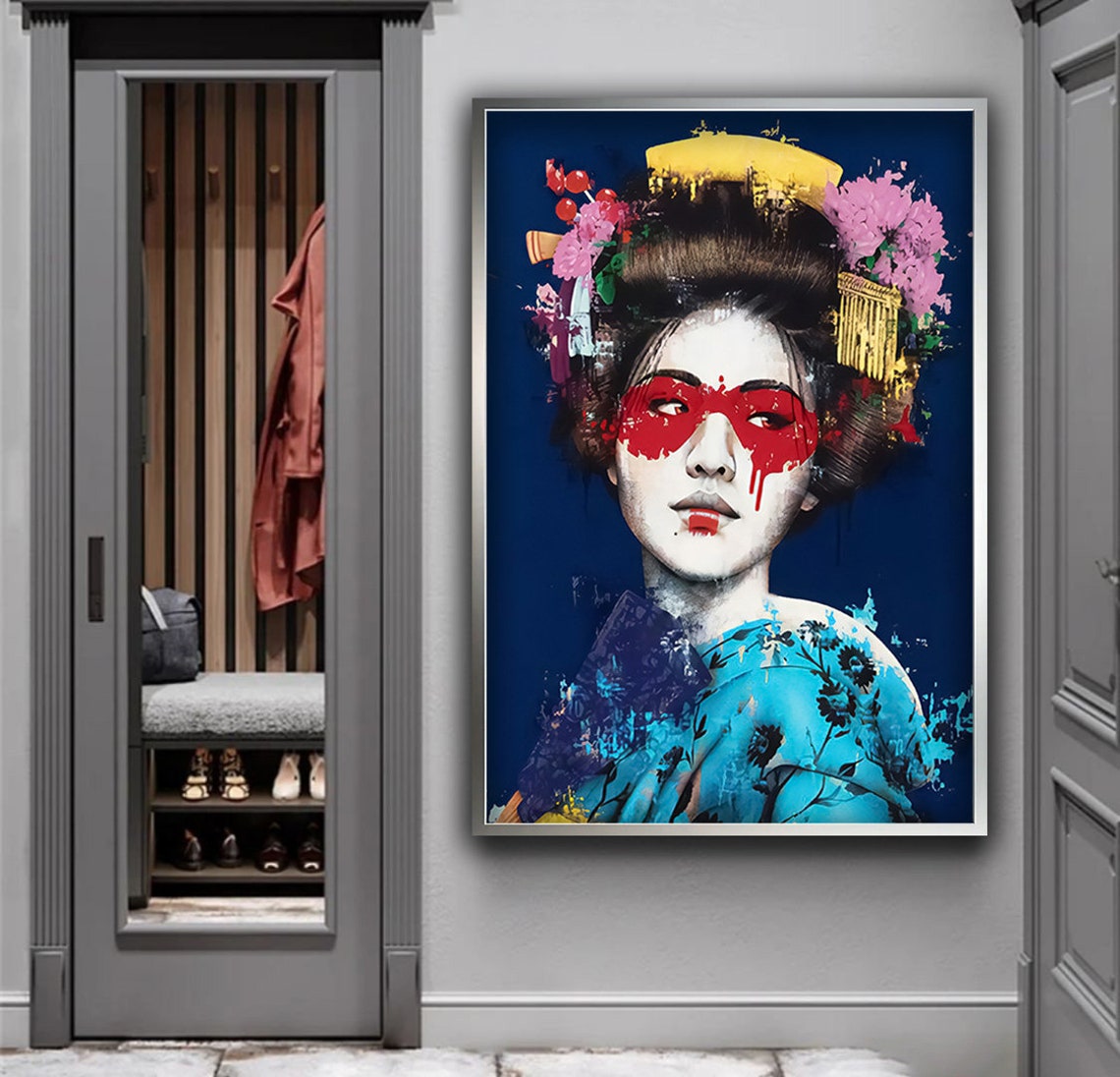 Japanese Geisha Red Paint Portrait Colorful Woman Art Poster