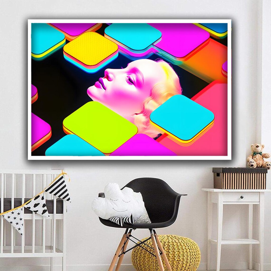 Pop Art Woman Face Neon Geometric 3D Squares Vibrant Modern Wall Art Print - Image 4