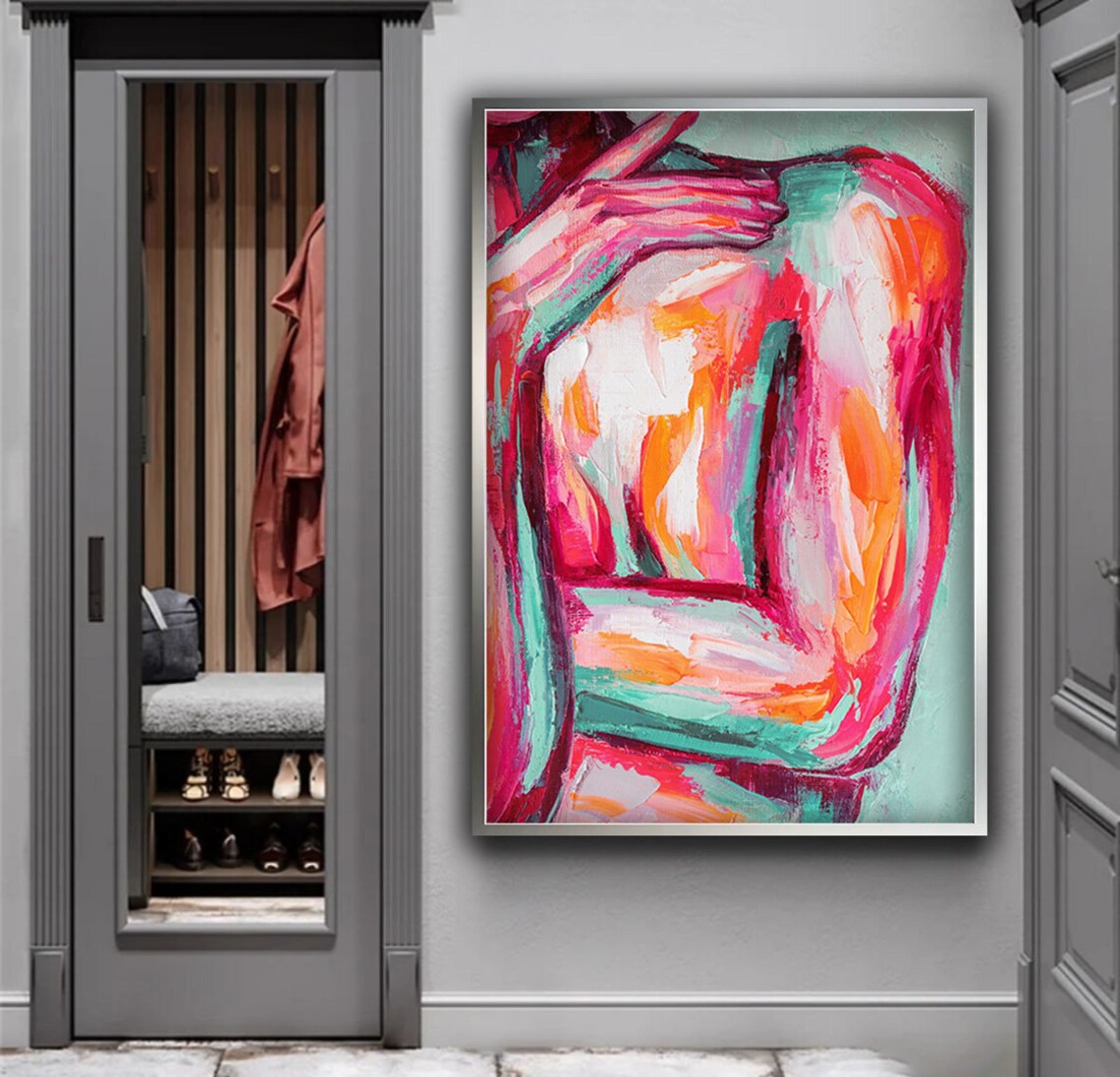 Abstract Nude Female Torso Pink Orange Teal Expressive Body Art Wall Poster - Image 5