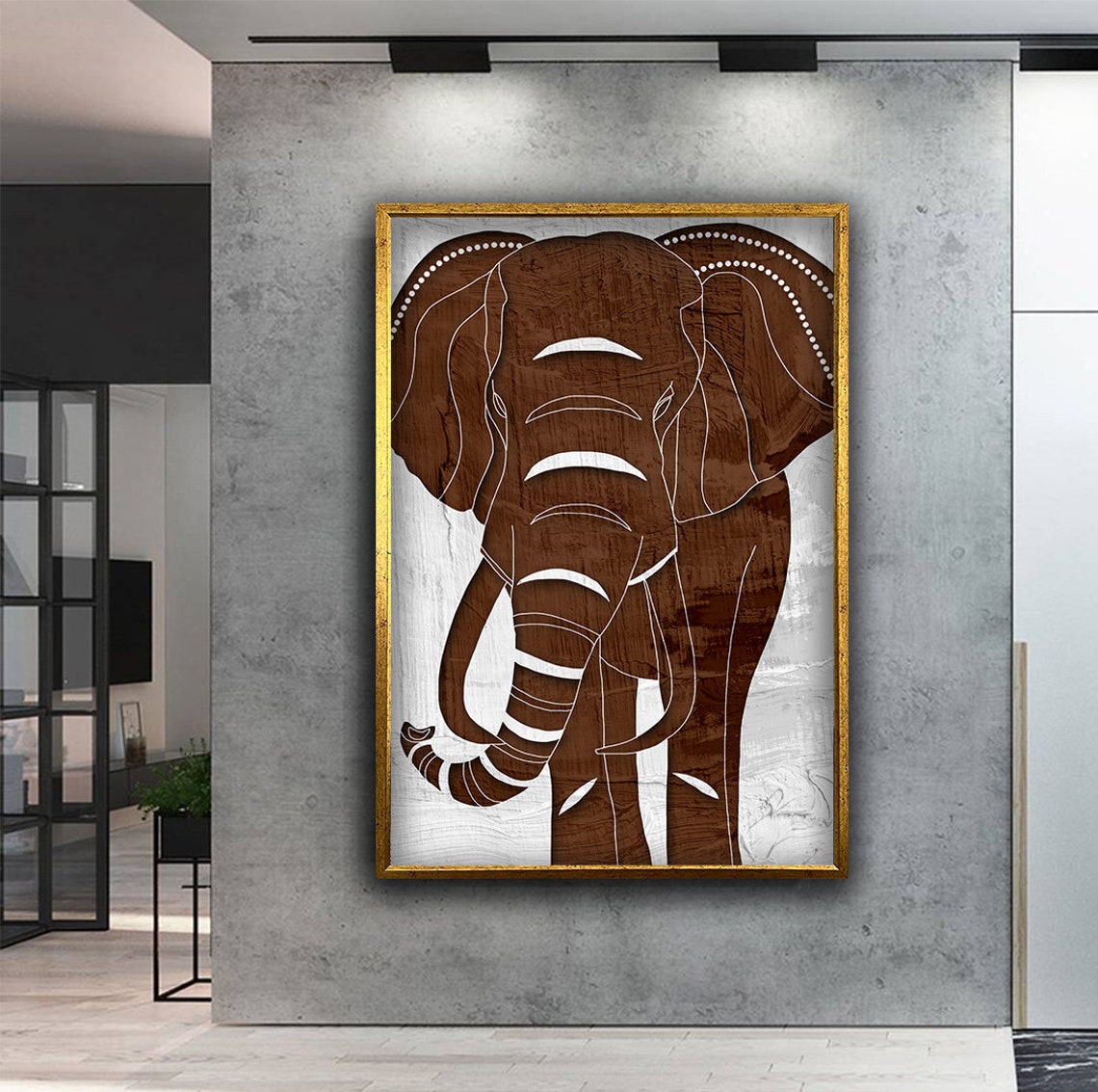 Brown Elephant Minimal Line Art White Background Wildlife Poster