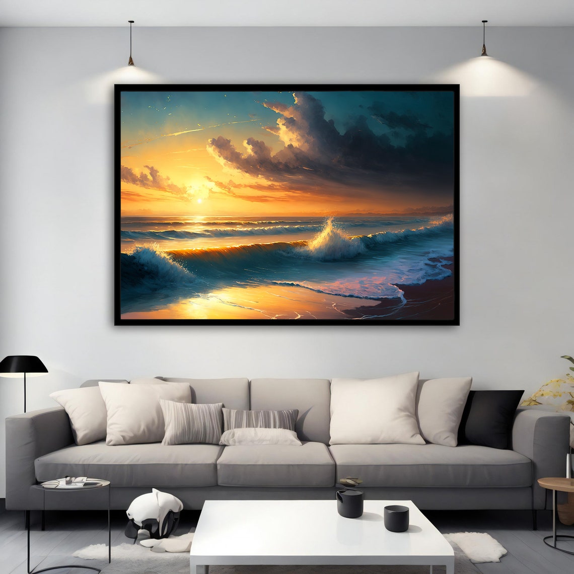 Ocean Sunset Golden Waves Beach Seascape Scenic Wall Art Poster