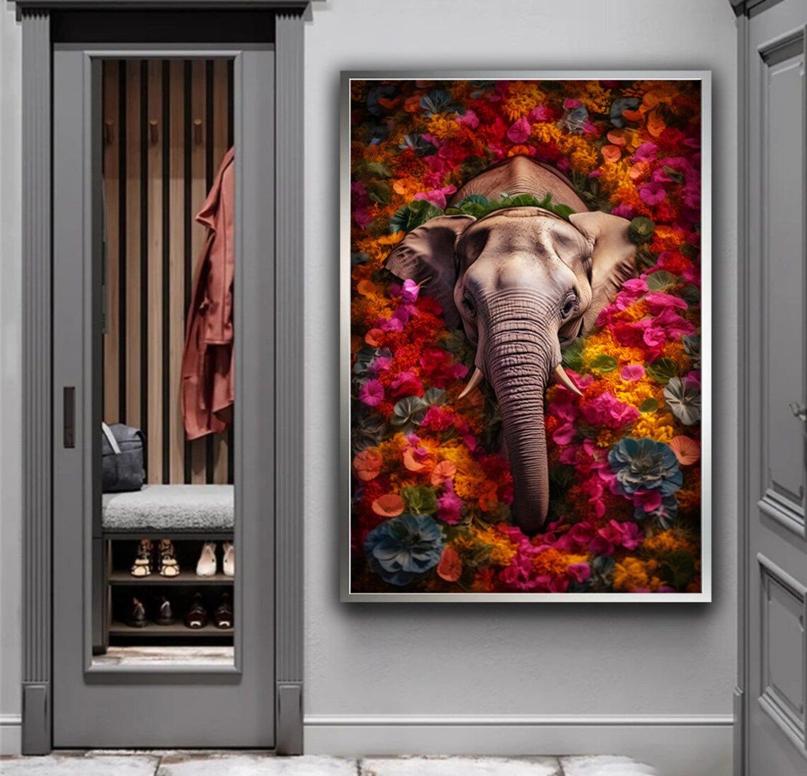 Elephant Among Colorful Flowers Head On Vibrant Floral Animal Art Poster - Image 5