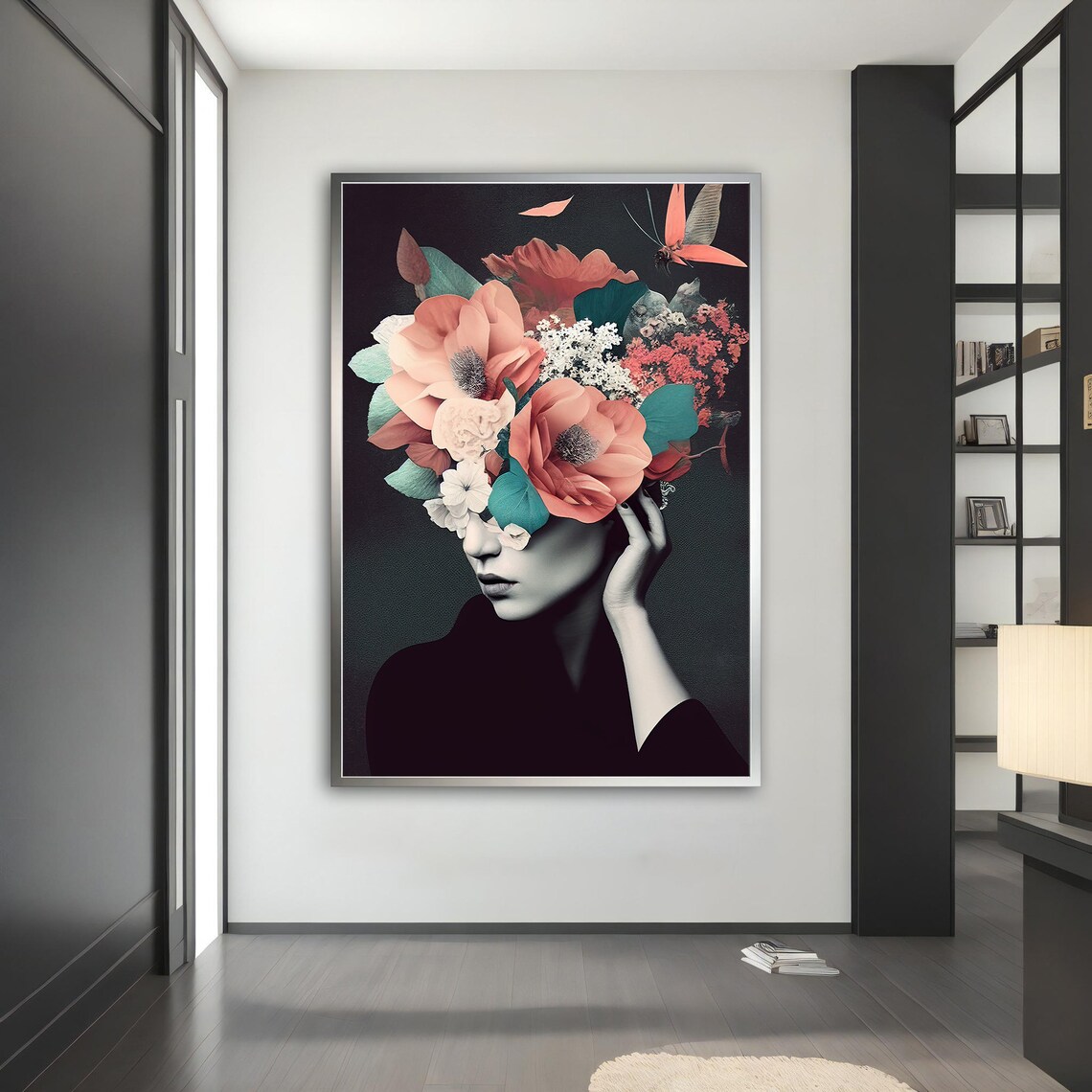 Woman Coral Flower Bouquet Face Black Background Floral Wall Art - Image 4