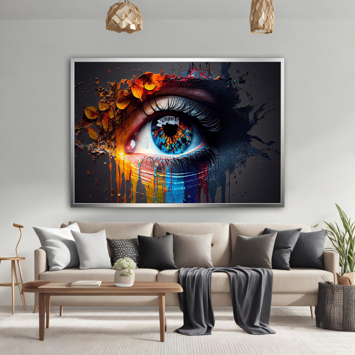 Giant Blue Eye with Splashing Paint Drips on Dramatic Black Poster - Image 3
