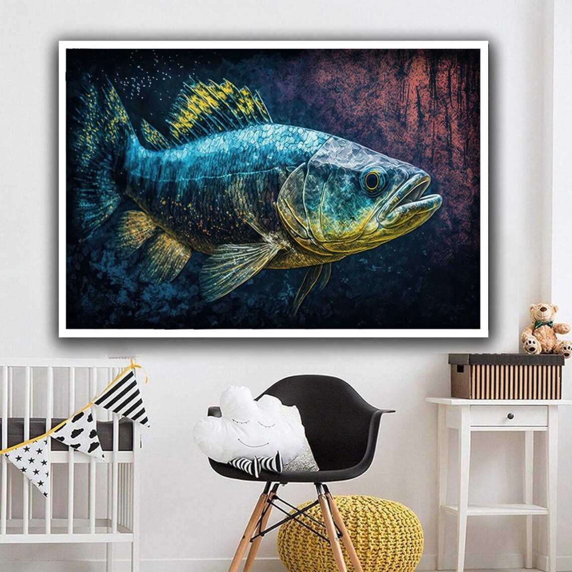 Teal Game Fish Painting Gold Fin Underwater Sea Life Wall Art Print - Image 4