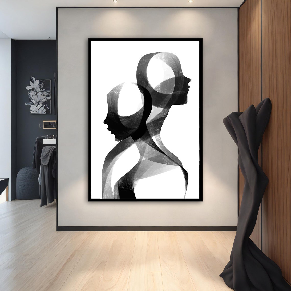 Black White Dual Faces Abstract Minimalist Line Portrait Wall Art - Image 2