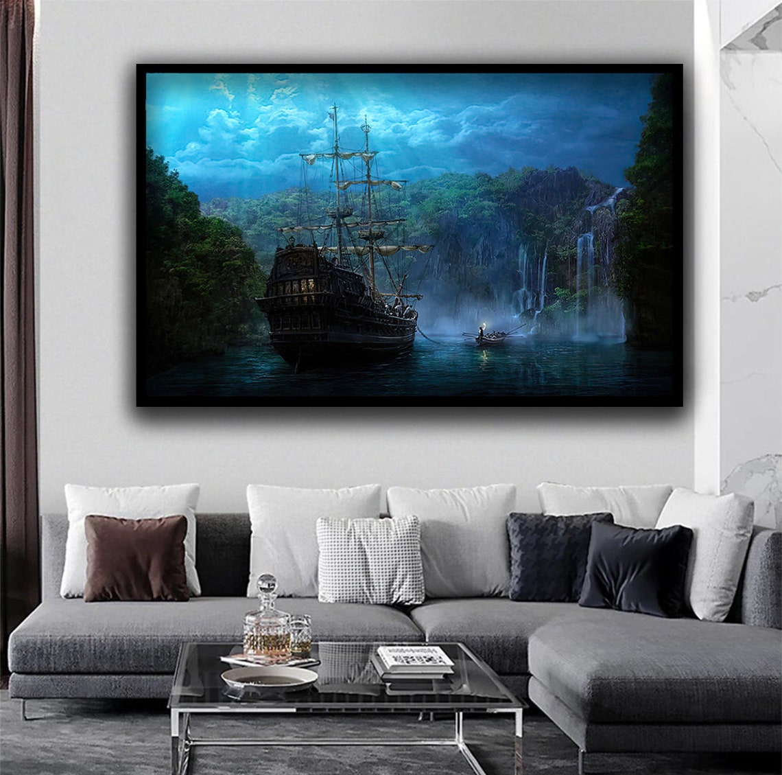 Moonlit Pirate Ship Tropical Cove Waterfall Fantasy Wall Art - Image 4