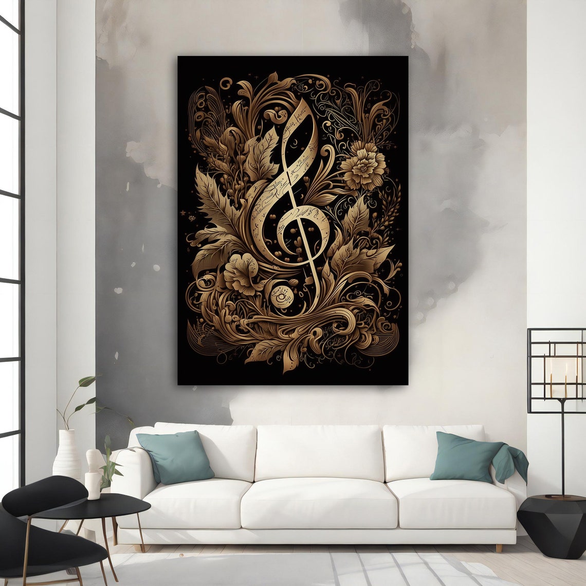 Golden Treble Clef Ornate Floral Music Note Black Gold Wall Poster - Image 3