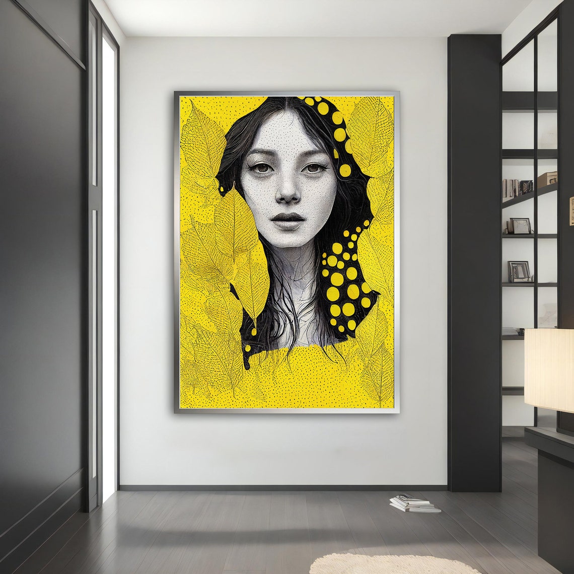 Black White Woman Yellow Leaves Polka Dot Modern Portrait Wall Art - Image 4