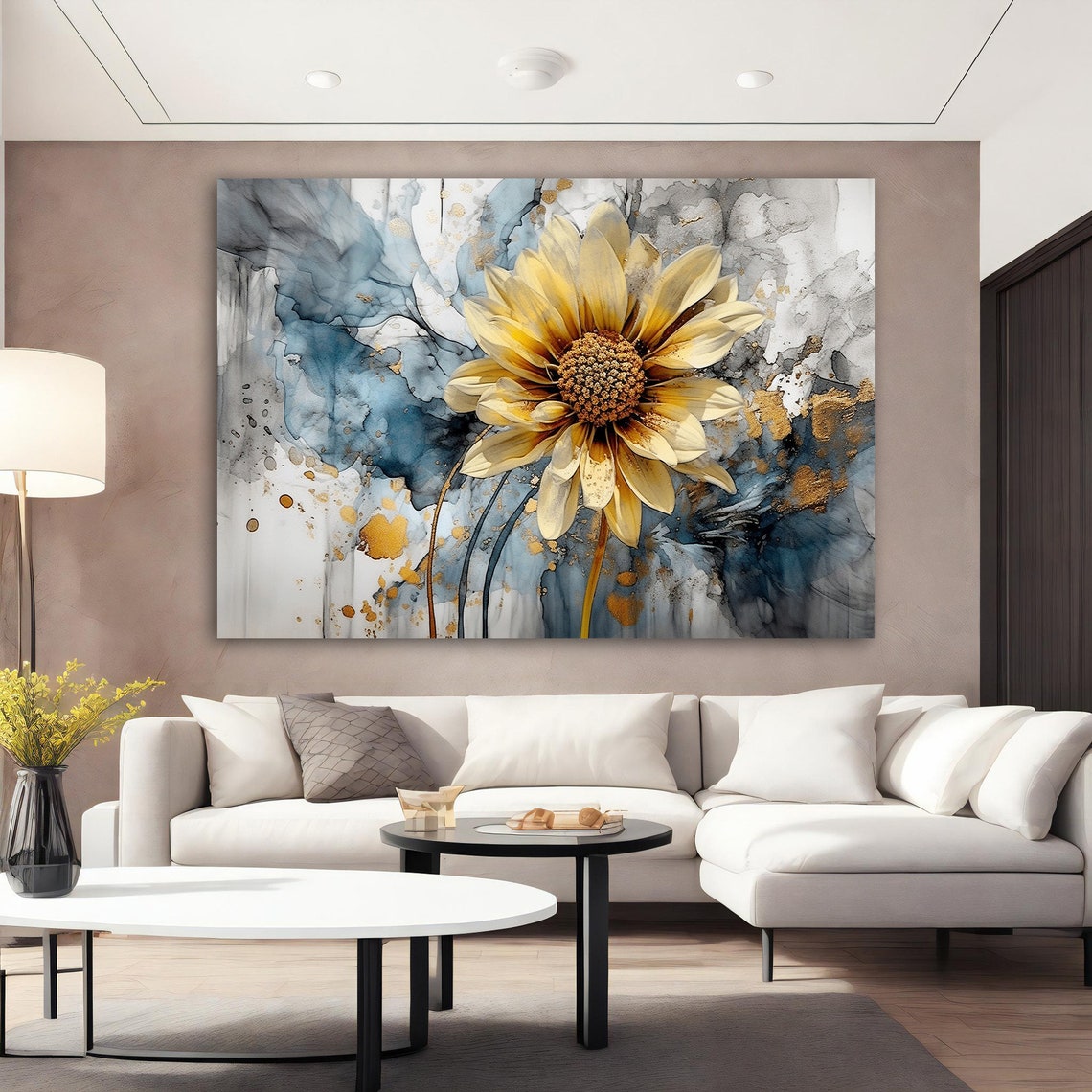 Golden Yellow Flower Watercolor Blue Abstract Floral Wall Art
