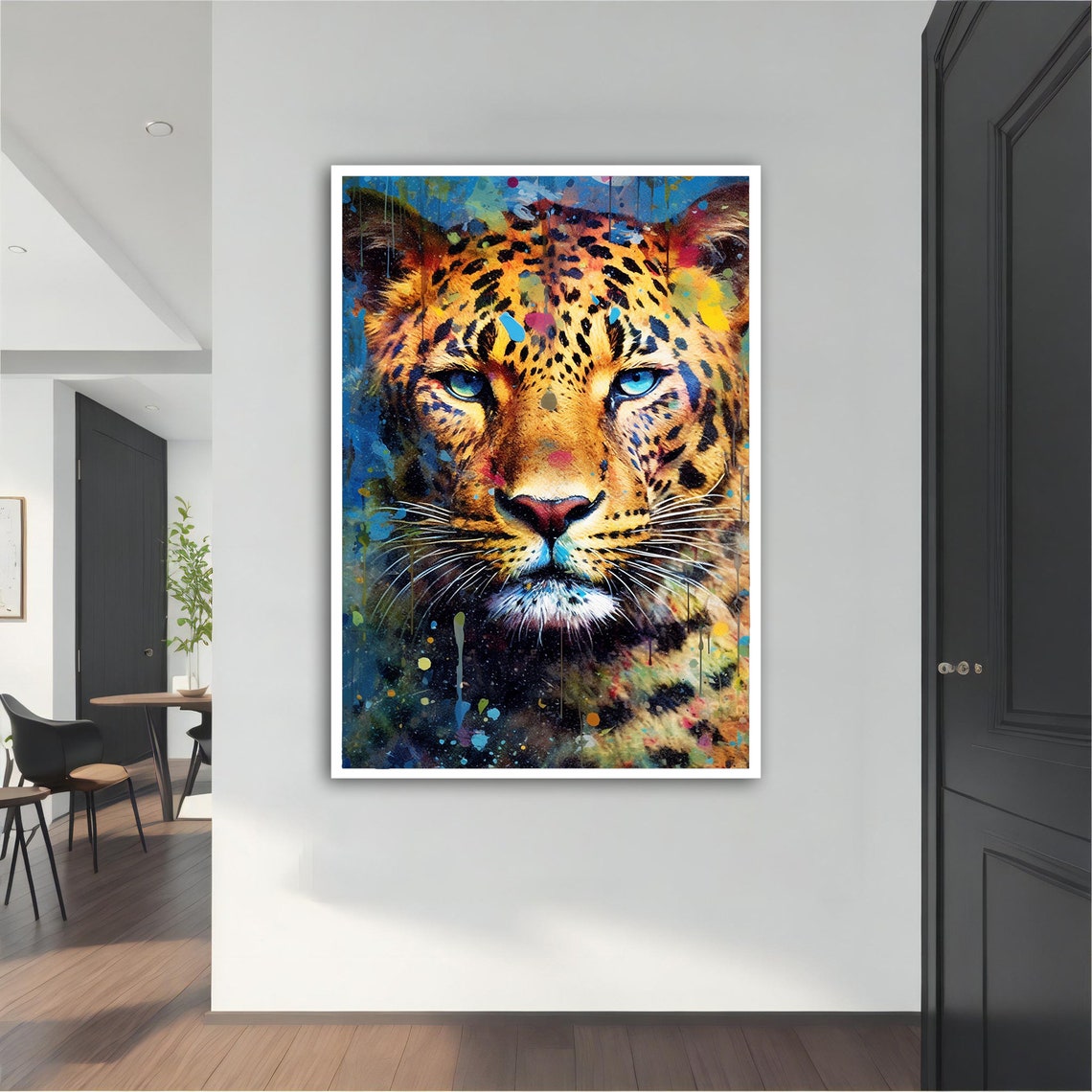 Colorful Leopard Blue Eyes Paint Splash Art Wild Animal Poster