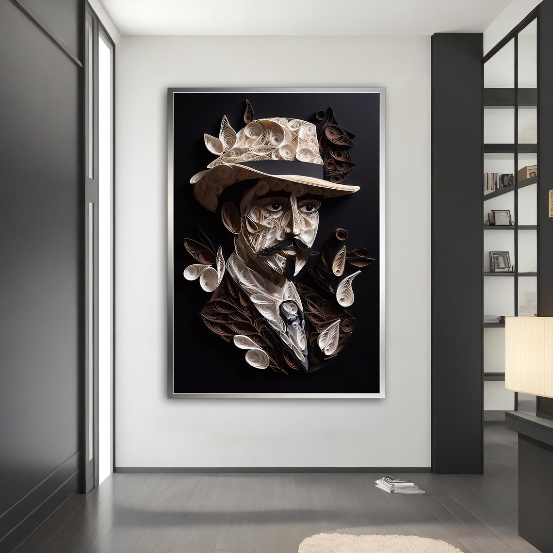 Quilling Paper Art Gentleman Hat Mustache Black White Portrait Print - Image 4