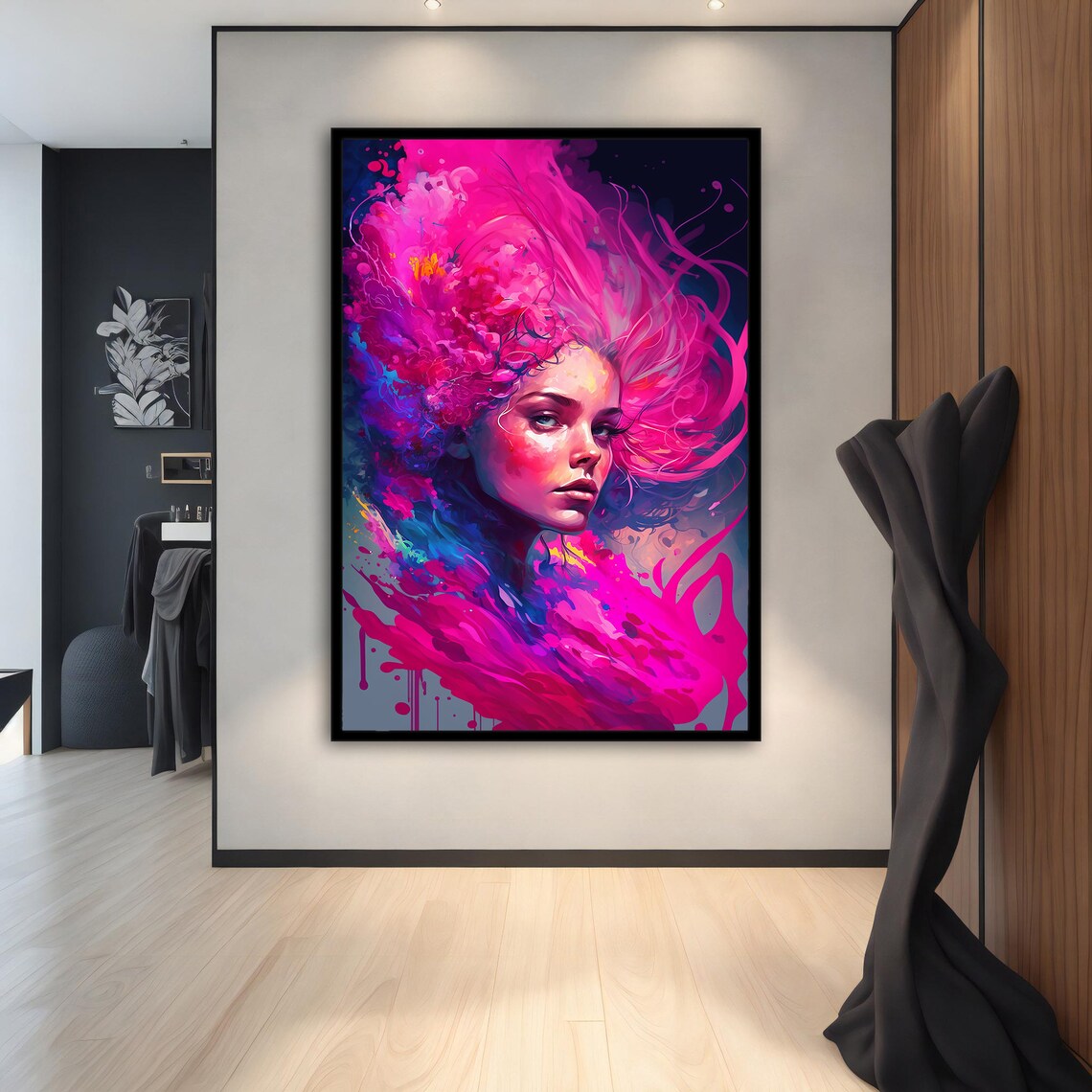 Neon Pink Paint Swirl Woman Portrait Bold Colorful Abstract Art Poster - Image 3