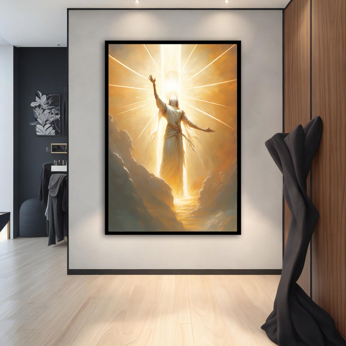 Bright Angel Ascending in Golden Light Clouds Heavenly Art Poster - Image 3