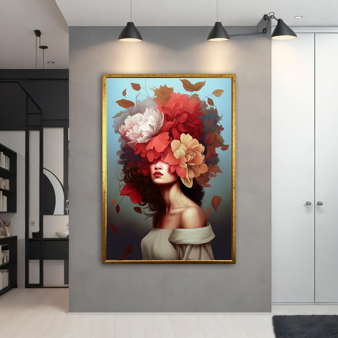 Woman Flower Head Peony Bloom Colorful Botanical Portrait Wall Art - Image 2