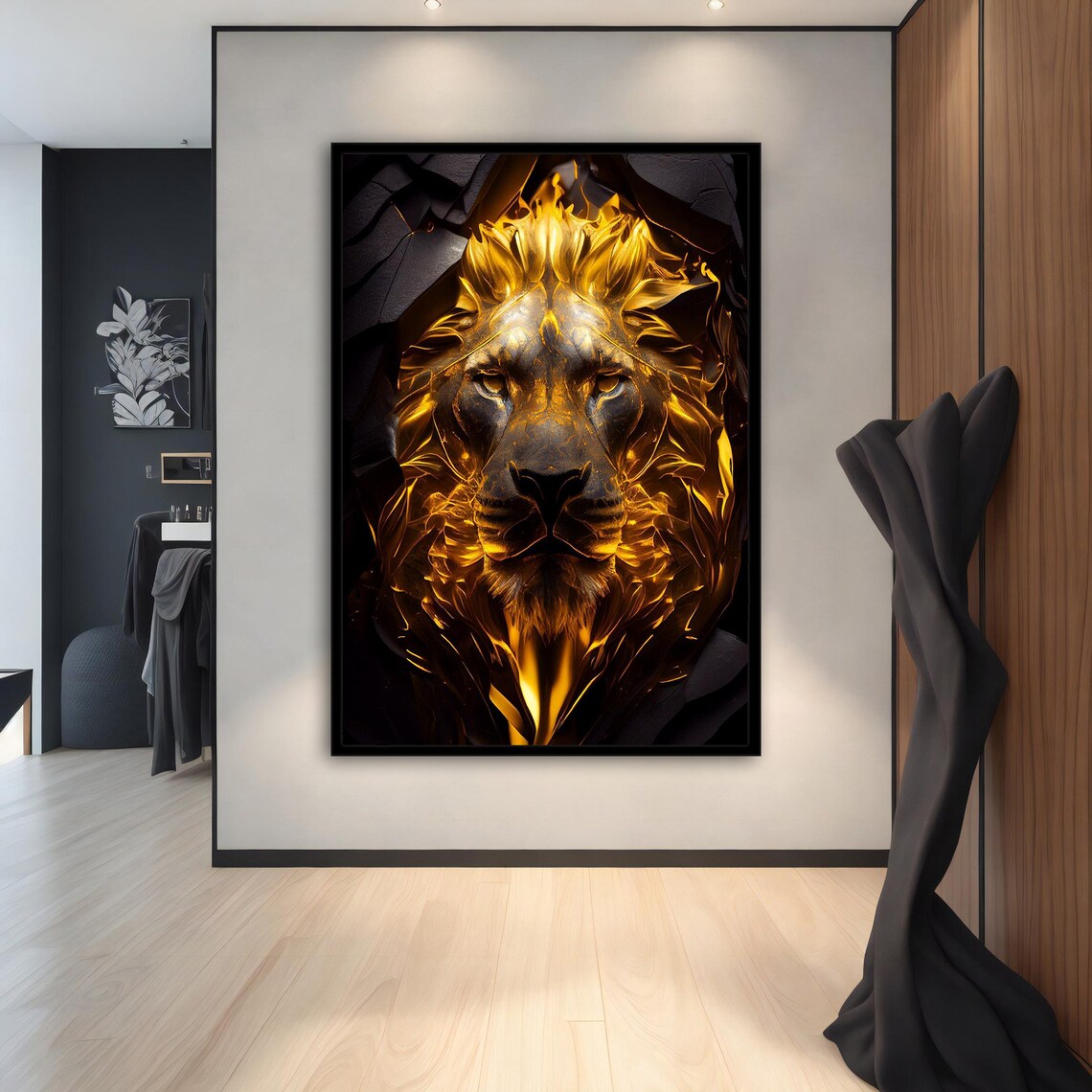 Golden Lion Breaking Through Black Stone Molten Gold Power Art Wall Poster - Image 2