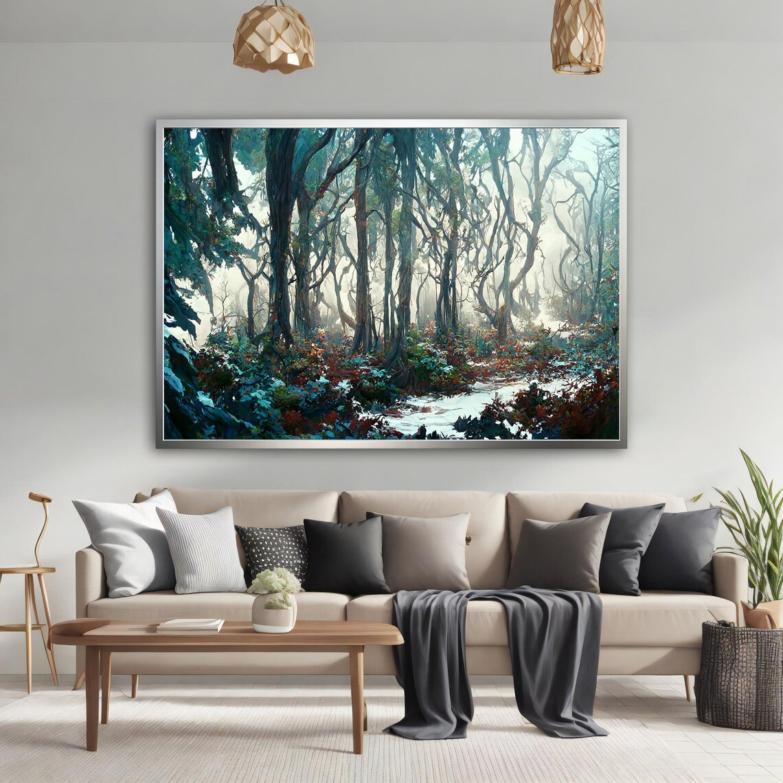 Foggy Forest Stream Misty Trees Nature Landscape Painting Poster - Image 3