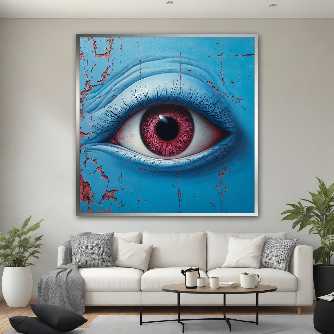 Giant Red Eye on Cracked Blue Skin Surreal Abstract Wall Art Poster - Image 5