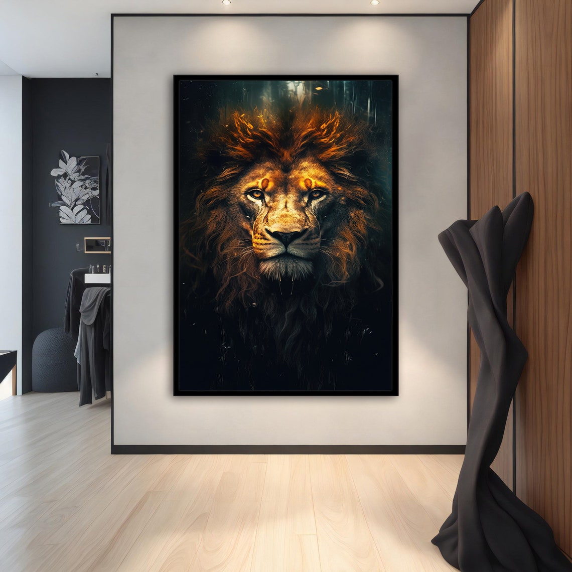 Fiery Lion Portrait Orange Mane Dark Background Majestic Animal Poster - Image 3