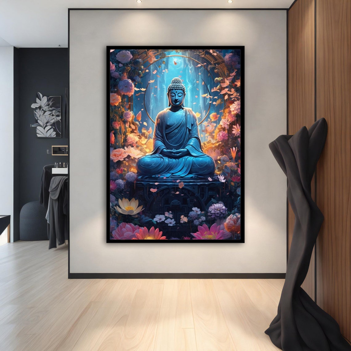 Blue Buddha Meditating Flowers Halo Serene Calm Asian Art Poster - Image 5