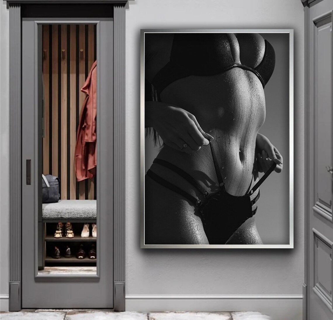 Black And White Sensual Woman Torso Boudoir Lingerie Photo Poster - Image 4