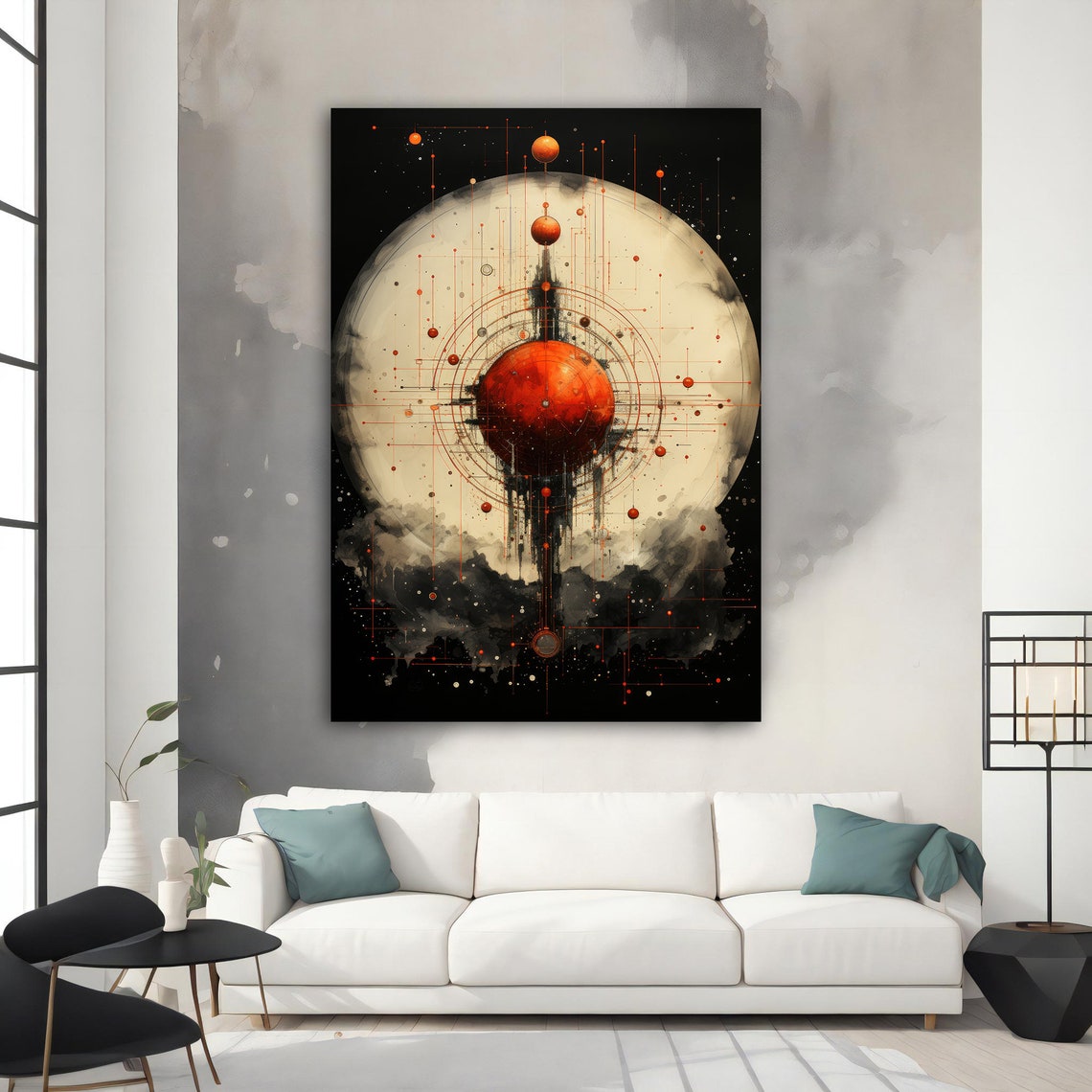 Cosmic Red Planet Orbit Rings Cream Moon Black Space Art Poster - Image 3