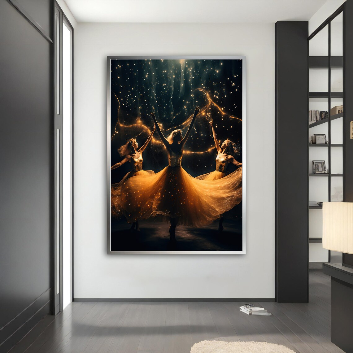 Golden Ballerinas Dancing Under Starry Night Sparkling Gowns Art Poster
