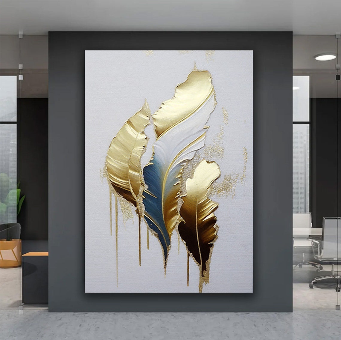 Gold White Blue Abstract Feather Painting Elegant Drip Wall Art - Image 2