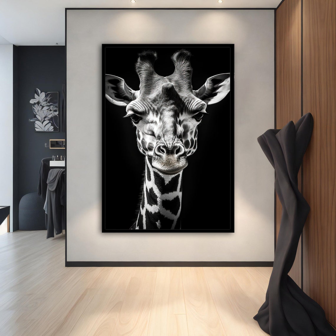 Black and White Giraffe Close Up Portrait Dark Background Print - Image 2