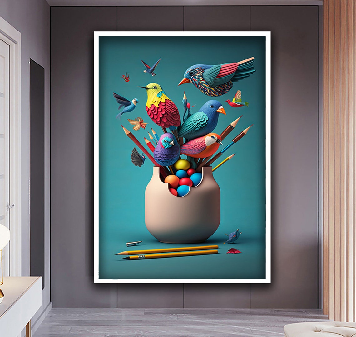 Colorful Birds Bursting From Vase With Pencils Whimsical Art Poster - Image 3