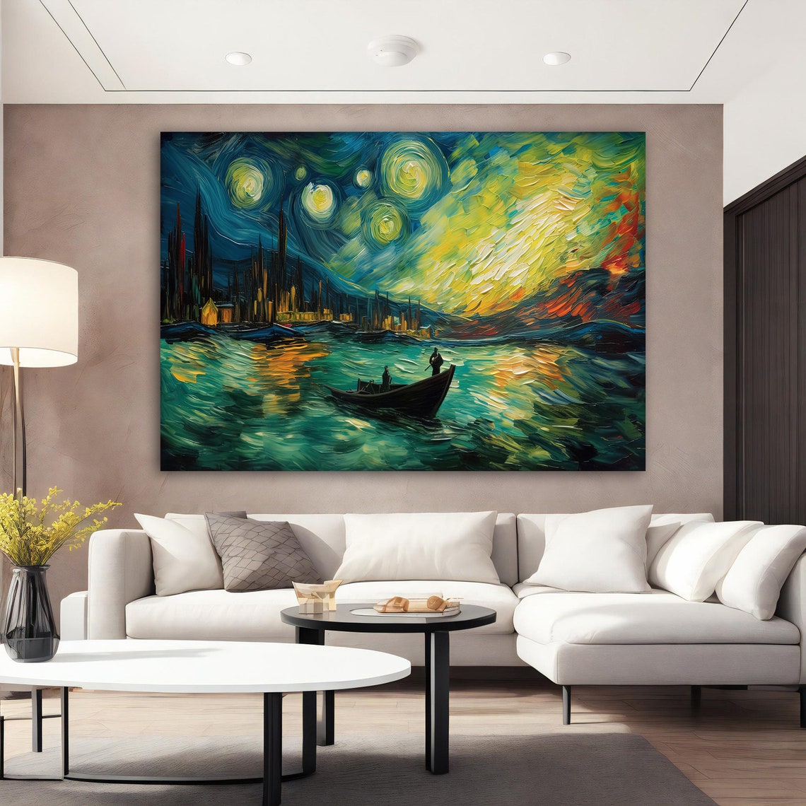 Starry Night Lake Inspired Swirling Sky Night Landscape Art Poster - Image 3