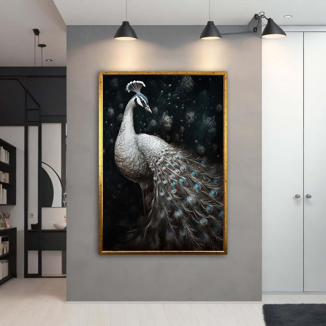 White Peacock Silver Plumage Black Background Elegant Animal Poster - Image 4