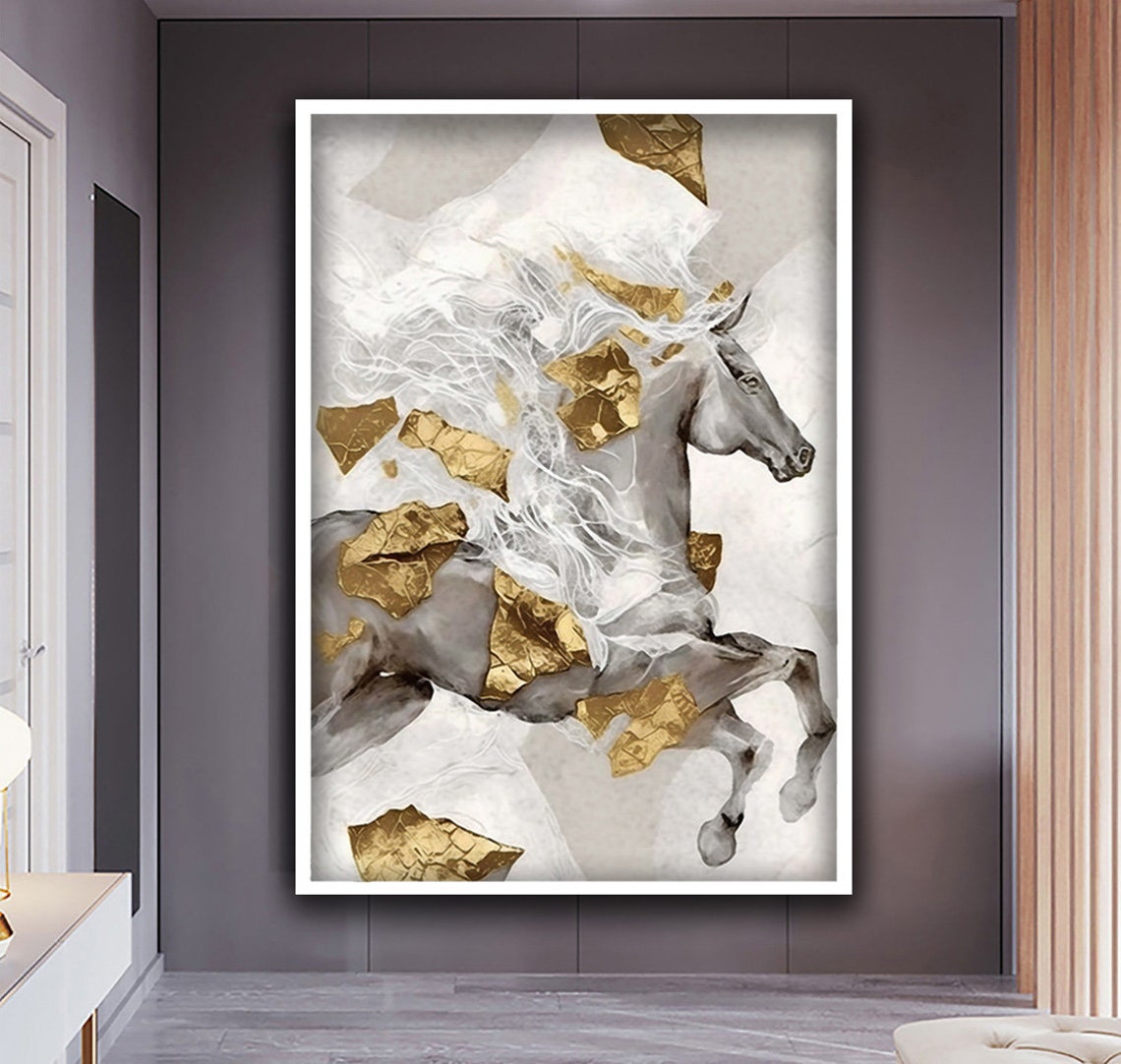 White Horse Wall Art Gold Detailed Wall Art Running Horse Print Horse Painting Farmhouse Art Print Animal Art - Image 4