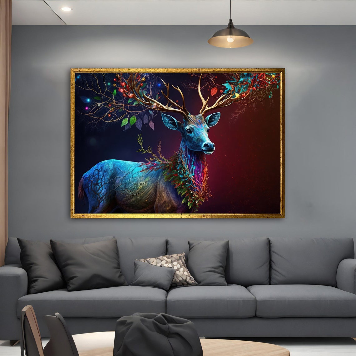 Glowing Blue Stag with Tree Branch Antlers Fantasy Animal Art - Image 4
