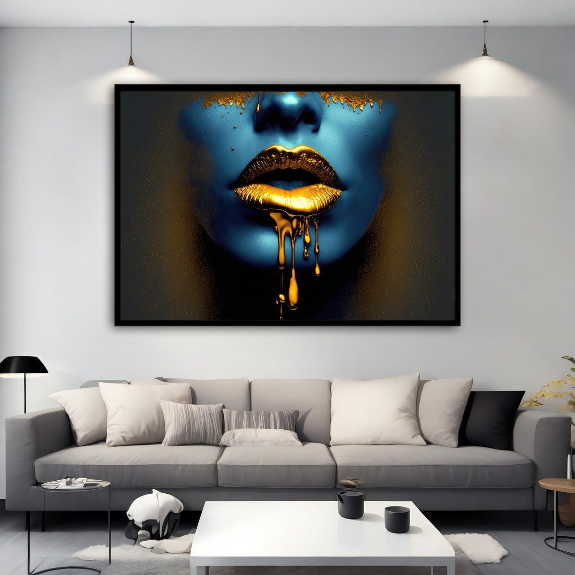 Blue Woman Face Dripping Gold Lips Bold Modern Glam Art Poster - Image 2