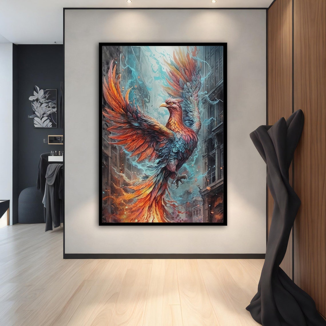 Fire Phoenix Rising City Flames Orange Blue Fantasy Animal Poster - Image 2