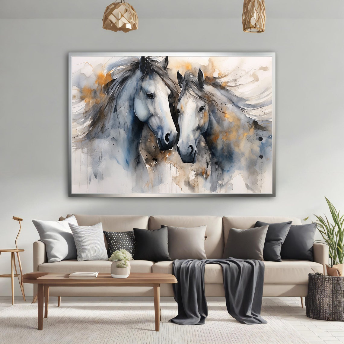 Two White Horses Watercolor Painting Elegant Equine Duo Wall Poster - Image 3