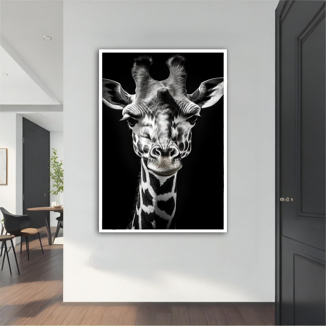 Black and White Giraffe Close Up Portrait Dark Background Print