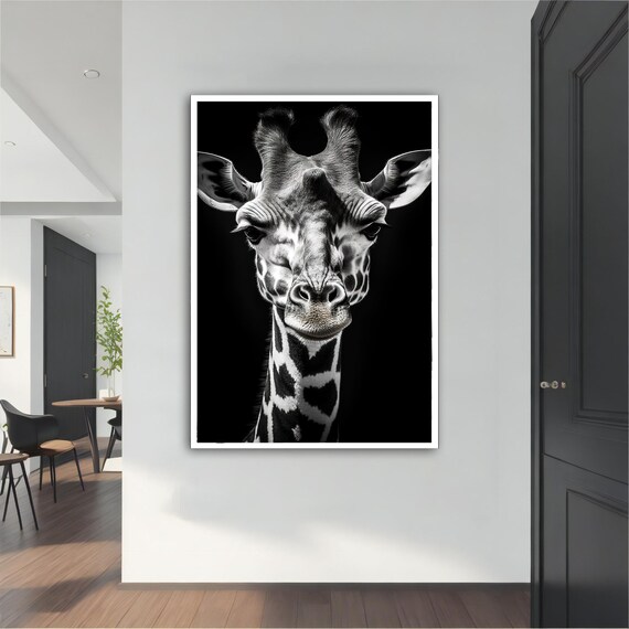 Black and White Giraffe Close Up Portrait Dark Background Print