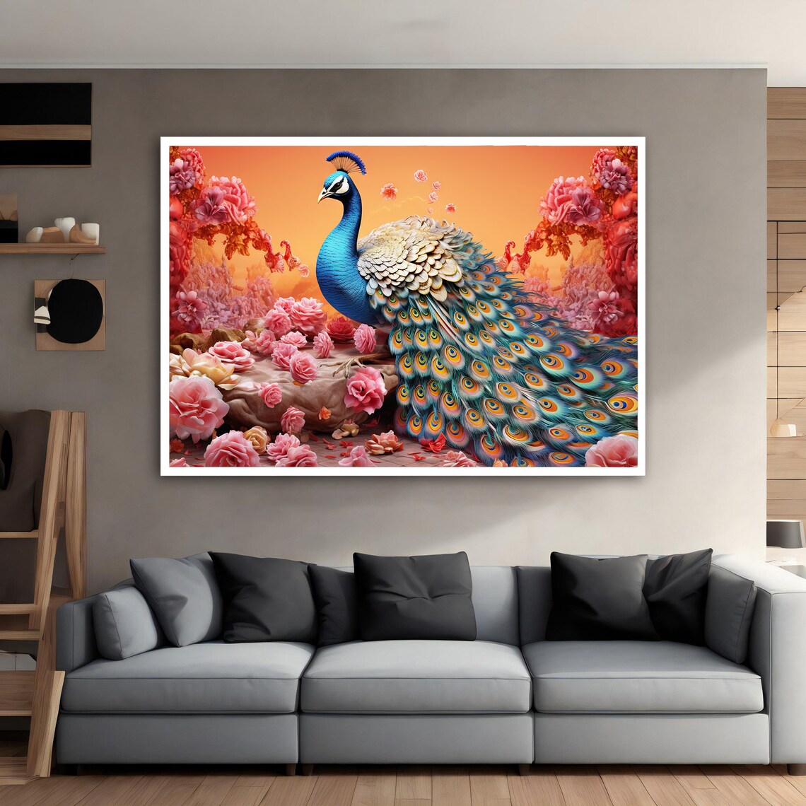 Painting Of Peacock In Pink Roses Floral Peacock Painting Print On Framed Wall Blue Animal Art Artistic Bird Painting - Image 5