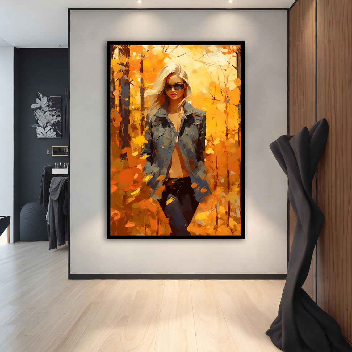 Blonde Woman in Golden Autumn Forest Sunglasses Orange Art Poster - Image 2