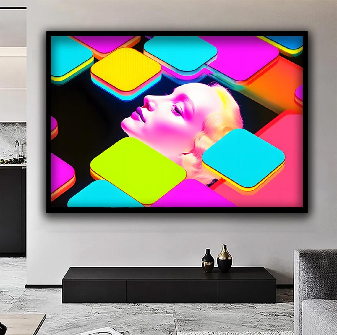 Pop Art Woman Face Neon Geometric 3D Squares Vibrant Modern Wall Art Print - Image 2