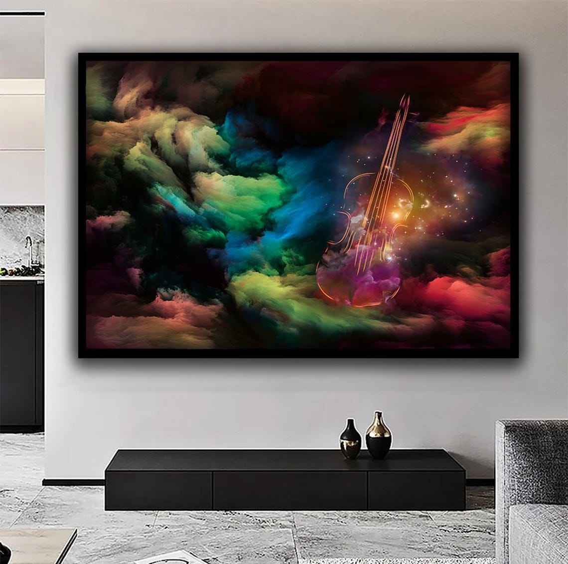 Glowing Violin Cosmic Nebula Neon Cloud Music Lover Wall Art Print - Image 2