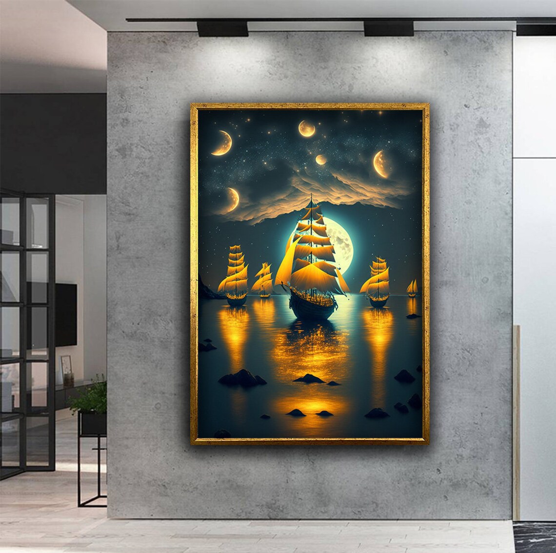 Tall Ships Under Multiple Moons Golden Night Sea Fantasy Art Poster - Image 2