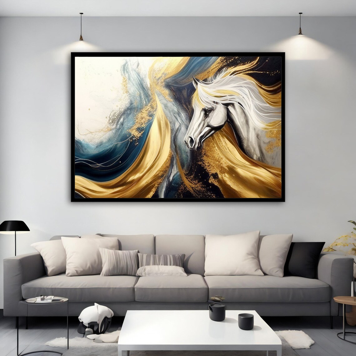 White Horse Head Gold Navy Abstract Swirls Elegant Animal Poster