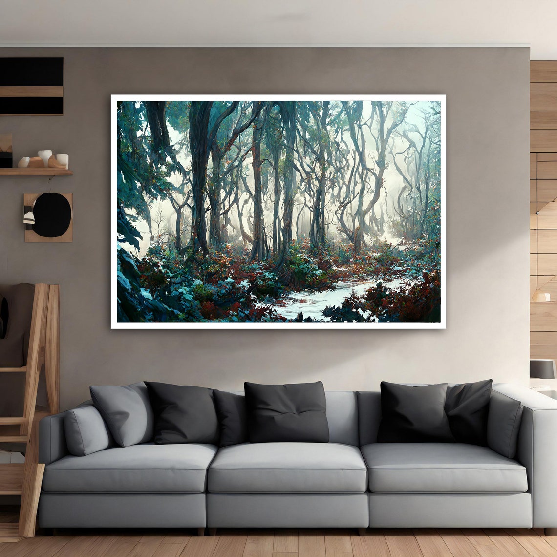 Foggy Forest Stream Misty Trees Nature Landscape Painting Poster - Image 4