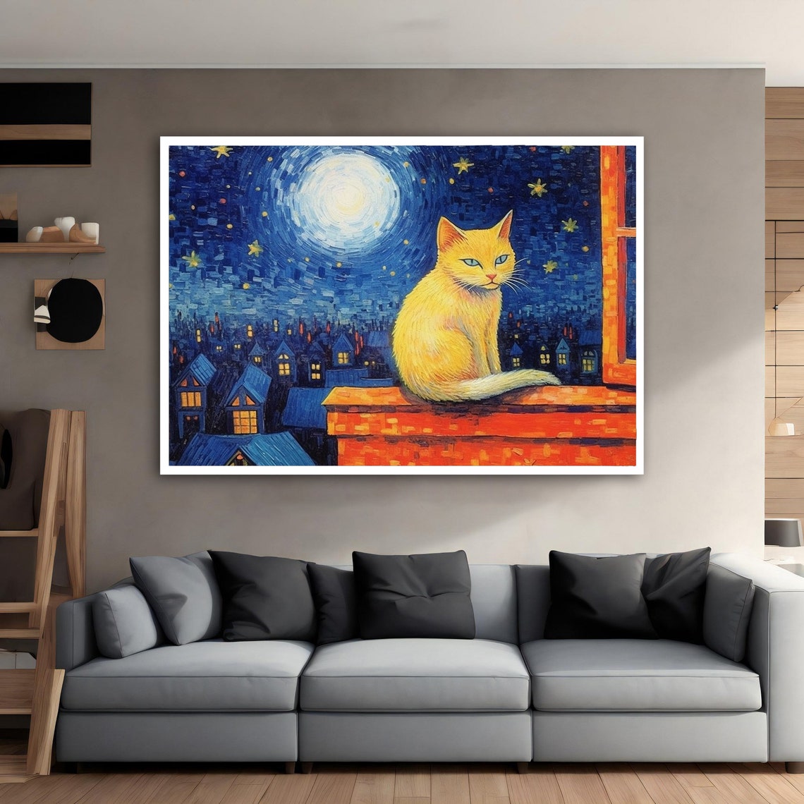 Golden Cat on Rooftop Under Full Moon Starry Night Village Poster - Image 4